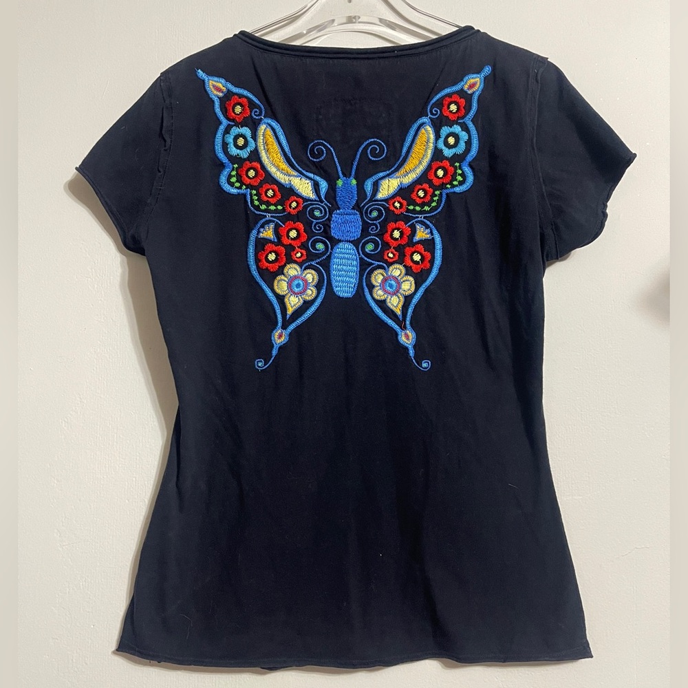 Johnny Was Black Embroidered Bird, butterfly & Floral Tee Size M - Picture 2 of 5